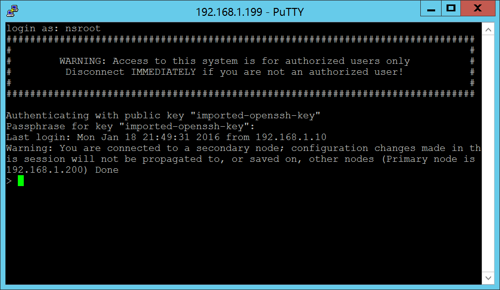 Connected on the secondary NetScaler via Putty