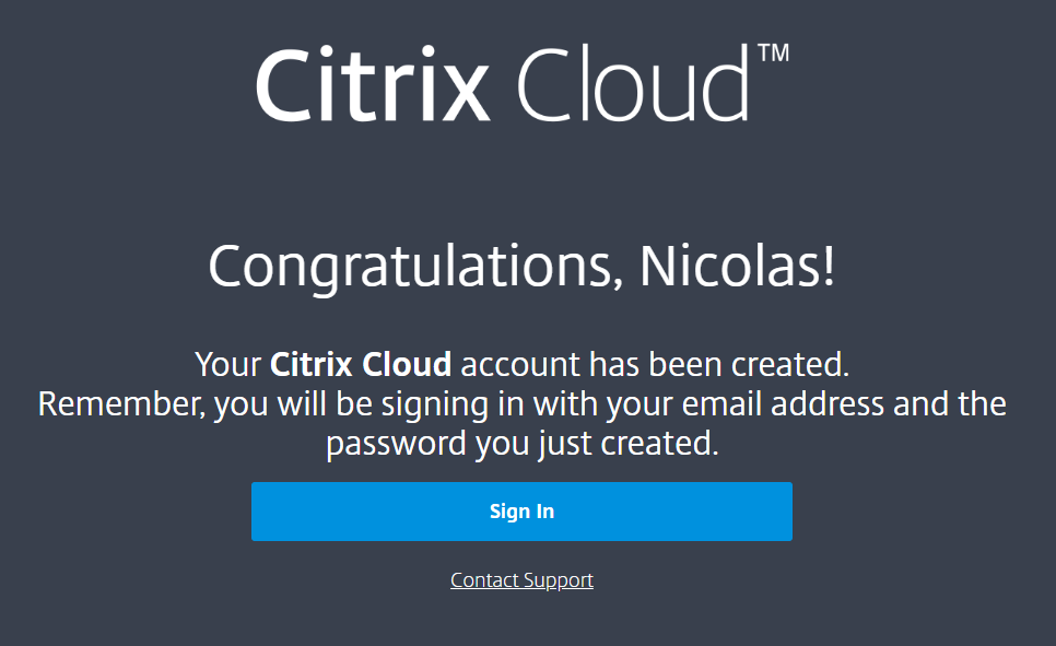 Citrix Cloud registration successful 