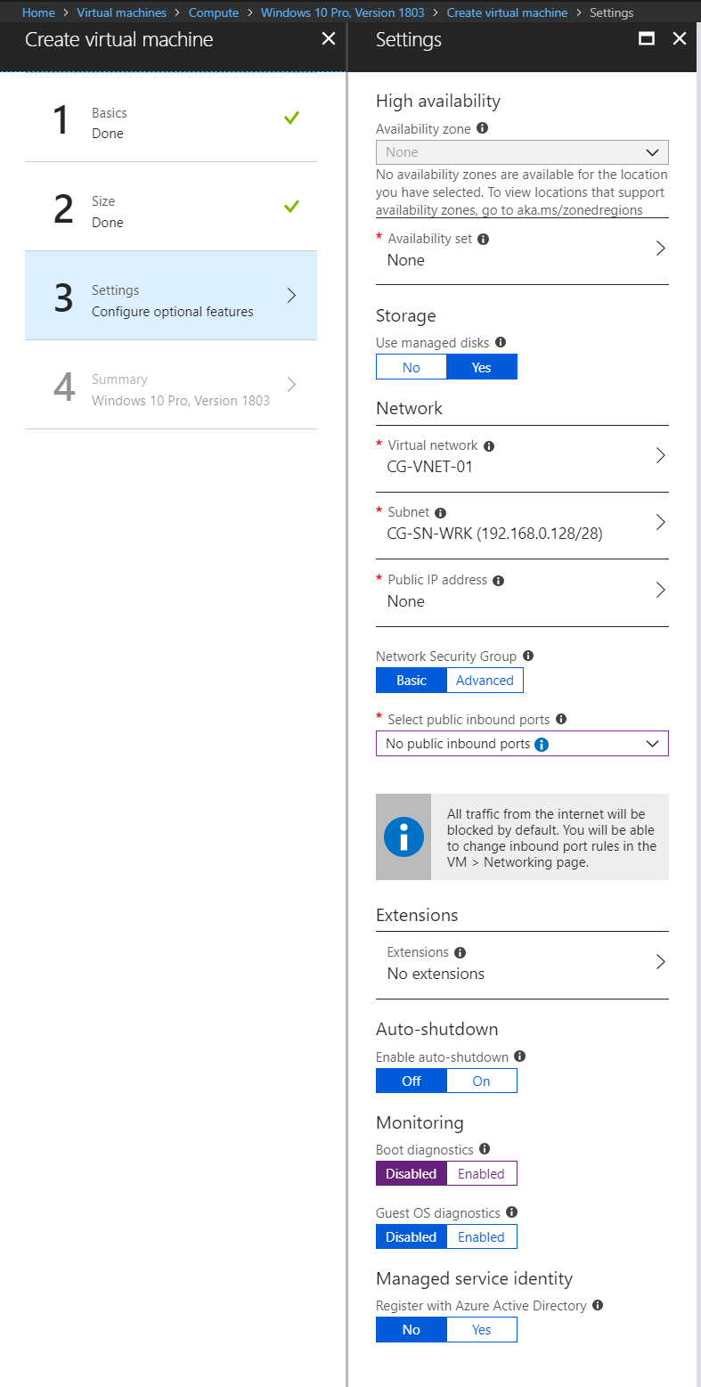Microsoft Azure - W10 Client optional configuration